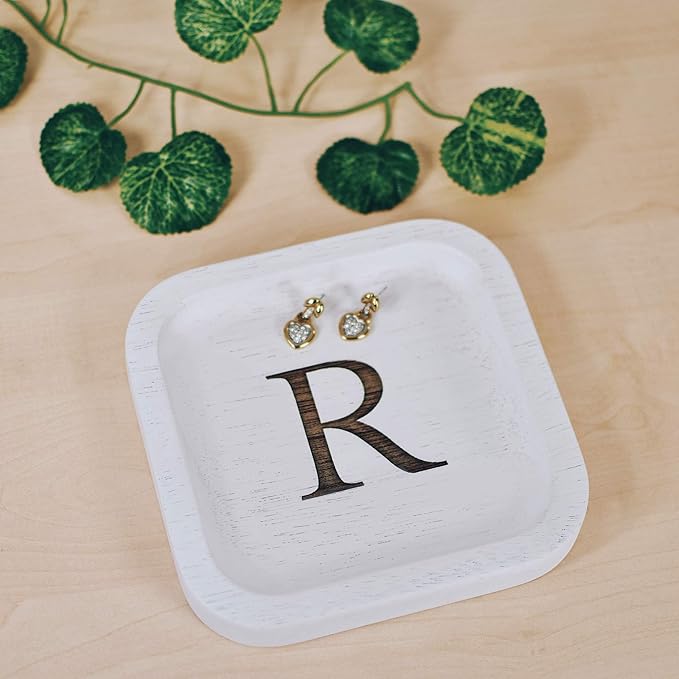 I'm Wooden Personalized Letter Catchall Valet Tray Trinket Dish Jewelry Tray Key Bowl Decorative Plate Organizing Ring Earrings Necklaces Bracelet Watch Coins Wallet Holder (6"x6" Sq White R)