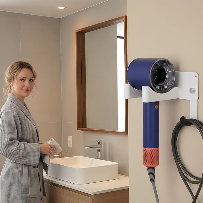 Dyson Hair Dryer Holder, Blow Dryer Holder Self Adhesive Hair Dryer Holder Wall Mounted Aluminum Hair Tool Organizer Blow Dryer Holder for Bathroom White CHOCHYAH