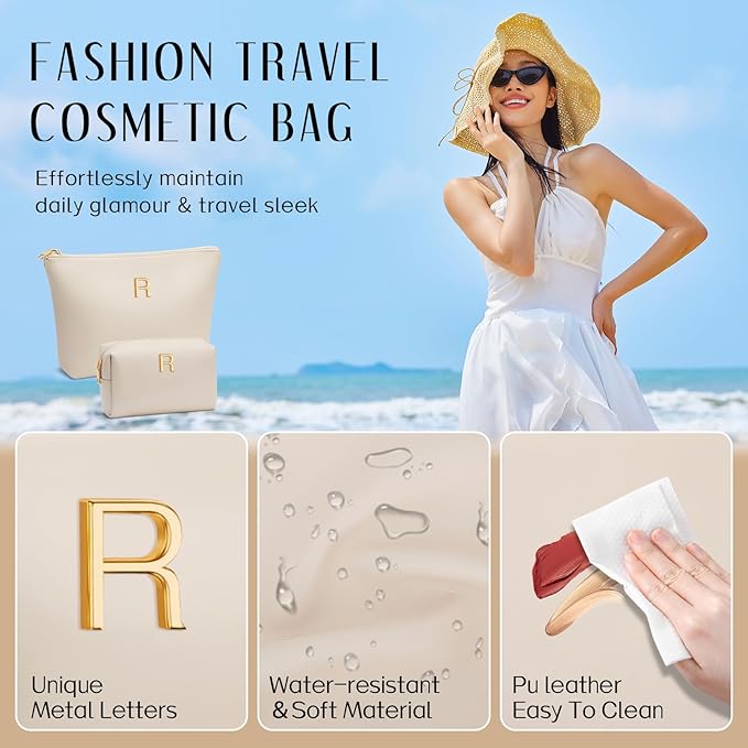 Valentine's Day Gifts for Women Girlfriend Initial Makeup Bag for Teen Girls Personalized Gifts for Friend Teacher Mom Wife Cosmetic Travel Toiletry Bag(Beige,R)