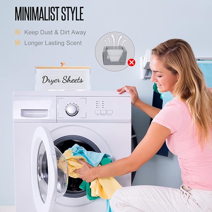 JYPS Clear Acrylic Dryer Sheet Holder with Bamboo Lid & Labels, Fabric Softener Dispenser for Laundry Room Organization Decor, Bathroom Storage Container Box, for Scent Booster,Powder,Pods