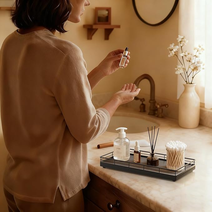 Bathroom Vanity Tray – 12" x 6" Oak Decorative Wooden Tray for Toilet Tank Organizer, Wood Tray for Bathroom Countertop, Soap, Perfume Storage Vanity Dresser Decor for Bathroom Essentials Black