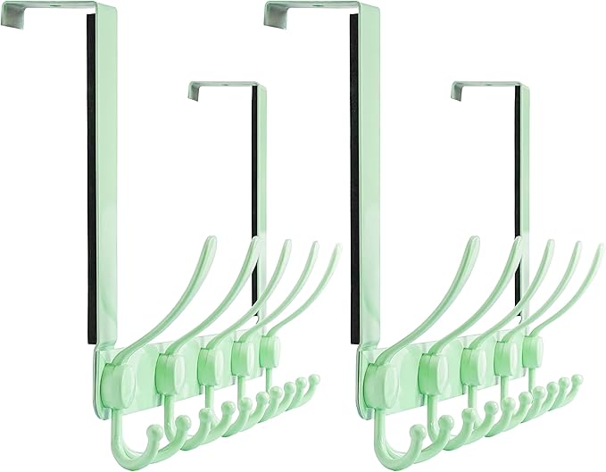 Dseap Over The Door Hook Hanger - Fits 1 3/8" to 1 3/4" Standard Doors | 5 Tri Hooks Heavy Duty Towel/Coat Rack | Door Organizer for Clothes, Jackets, Hats, Towels, Green, Pack of 2