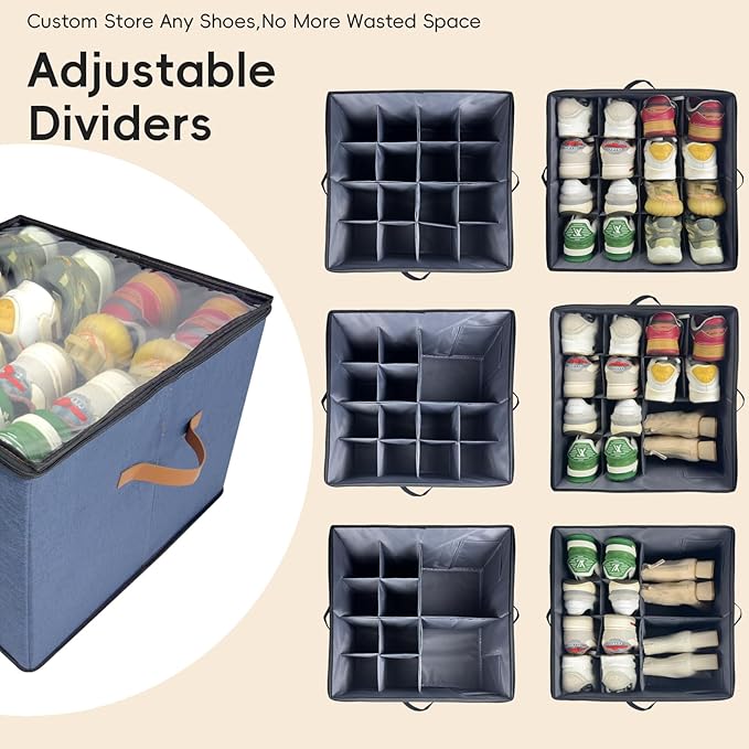 2-Pack Shoe Storage Organizer for Closet - Large Capacity Fits 16-32 Pairs, Clear Cover with Reinforced Handles, Adjustable Dividers, Dustproof Stackable Containers, Navy Blue