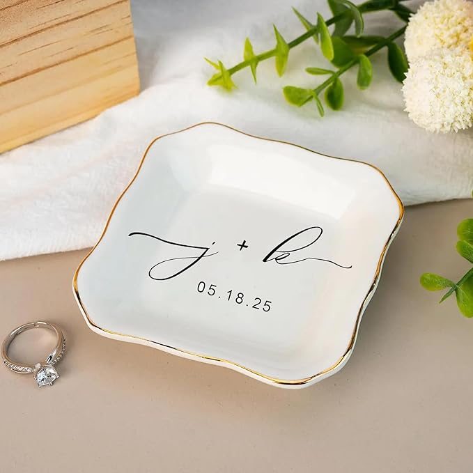 Custom Engagement Ring Holder Ring Dish, Custom Wedding Gifts for Couple, Bridal Shower Couple Jewelry Tray, Monogrammed Engagement Wedding Gifts for Bride 2
