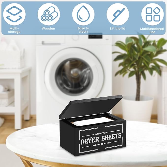 Dryer Sheet Holder with Lid, Wooden Laundry Room Organization and Storage, Large Capacity Softener Sheets Dispenser, Fabric Softener Container for Laundry Room Bathroom (Black)