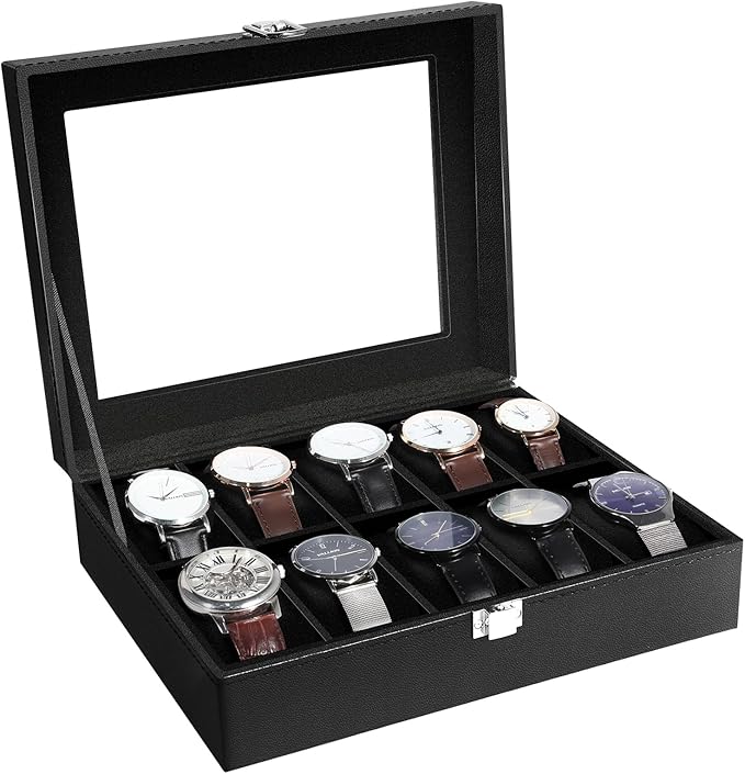 Uten Watch Box 10 Slots, Watch Box for Men, Watch Display Case, Watch Storage Box with Removable Cushion, Metal Clasp, PU Leather, Black