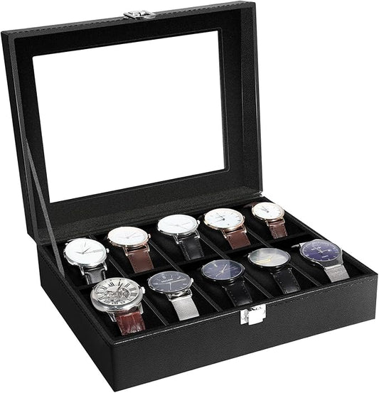 Uten Watch Box 10 Slots, Watch Box for Men, Watch Display Case, Watch Storage Box with Removable Cushion, Metal Clasp, PU Leather, Black