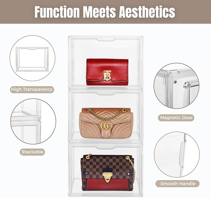 3Pack Purse Organizer for Closet Clear Acrylic Display Case Handbag Storage Organizer Box with Magnetic Door Stackable Storage Bins with Dustproof Lid for Book Toys Shoes Cosmetic Collectibles