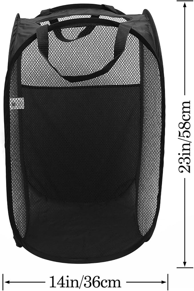 AQQA 2 Pcs Mesh Popup Laundry Hamper (Black/White),Popup Laundry Basket with Durable Handles,Foldable Pop-up Mesh Hamper Dirty Clothes Basket for Kids Room, College Dorm or Travel