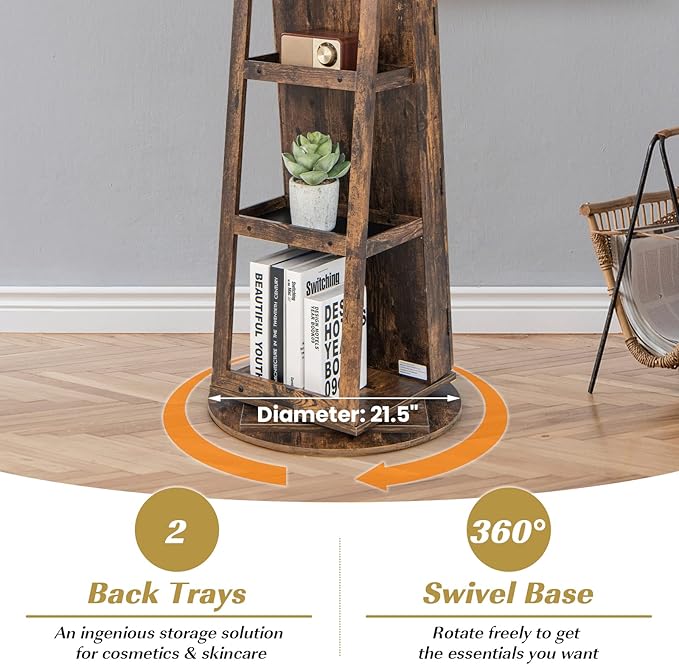 GOFLAME 360° Rotating Jewelry Cabinet with Full-Length Mirror, Standing Jewelry Armoire with 3-Color LED Light and Back Storage Shelf, Lockable Jewelry Organizer for Bedroom Cloakroom, Rustic Brown