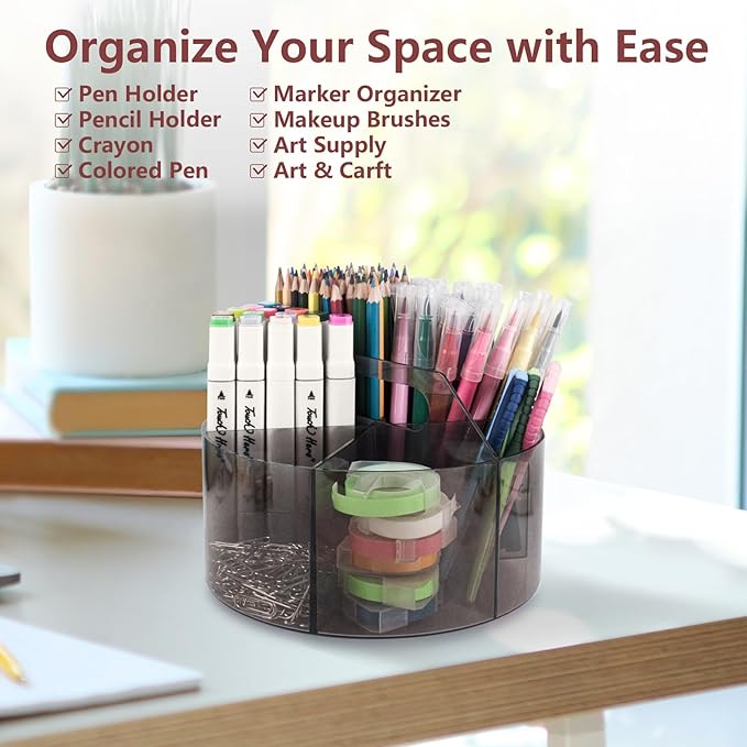 Absonic Acrylic Pen Holder Crayon Organizer for Kids, 6 Slots Arts and Crafts Organizer Marker Caddy Organizer for Classroom, 360 Rotating Pencil Holder Art Supplies Storage for School Office Grey