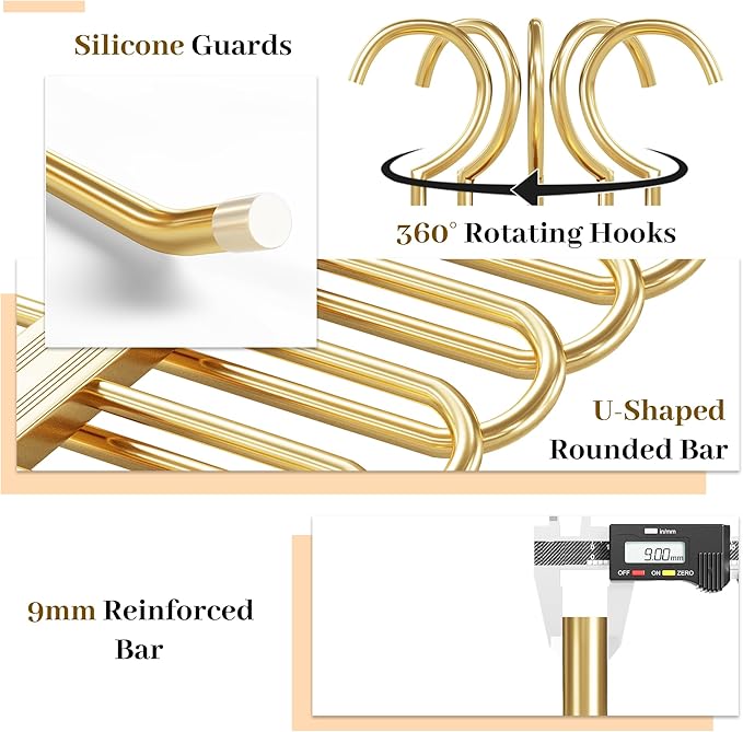 Pants Hangers,2 Pack Golden Metal Alloy Hangers Closet Organizer,Sturdy Space-Saving Clothes Pants Hangers, Closet Organizers for Pants Jeans Skirts Scarf Legging