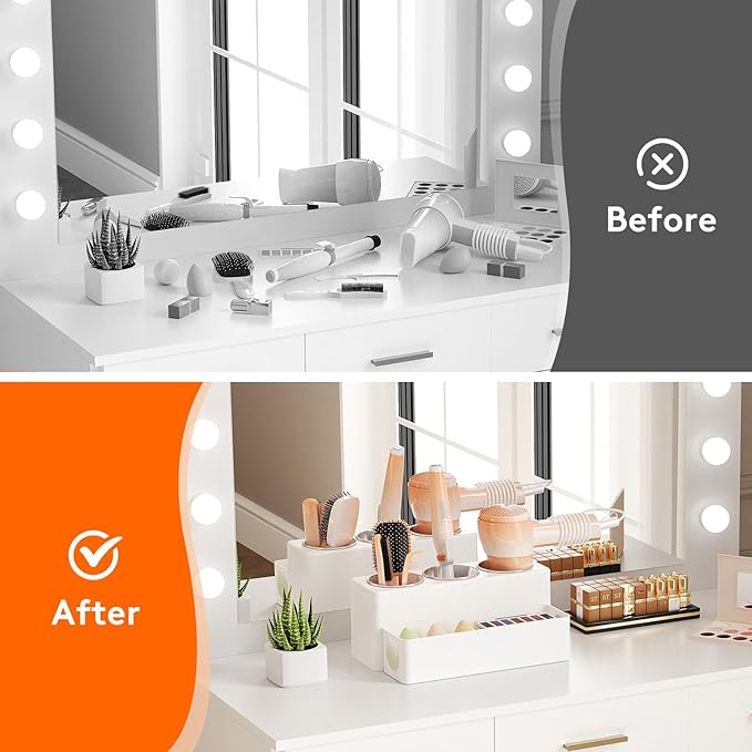 Lifewit Hair Tool Organizer Countertop, Removable Blow Dryer Holder for Bathroom, Acrylic Hot Tools Organizer Storage for Curling Iron, Brush, Straightener, 3 Stainless Cups, White, 30 cm/12 inch(L)