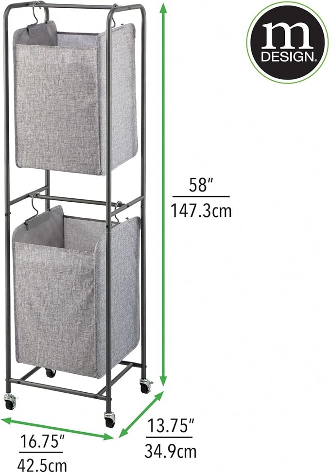 mDesign Vertical Stacked Laundry Hamper Basket with Wheels, Portable, 2 Removable Bags for Organizing Clothes, Laundry, Lights, Darks - Strong Metal Frame - Dark Gray