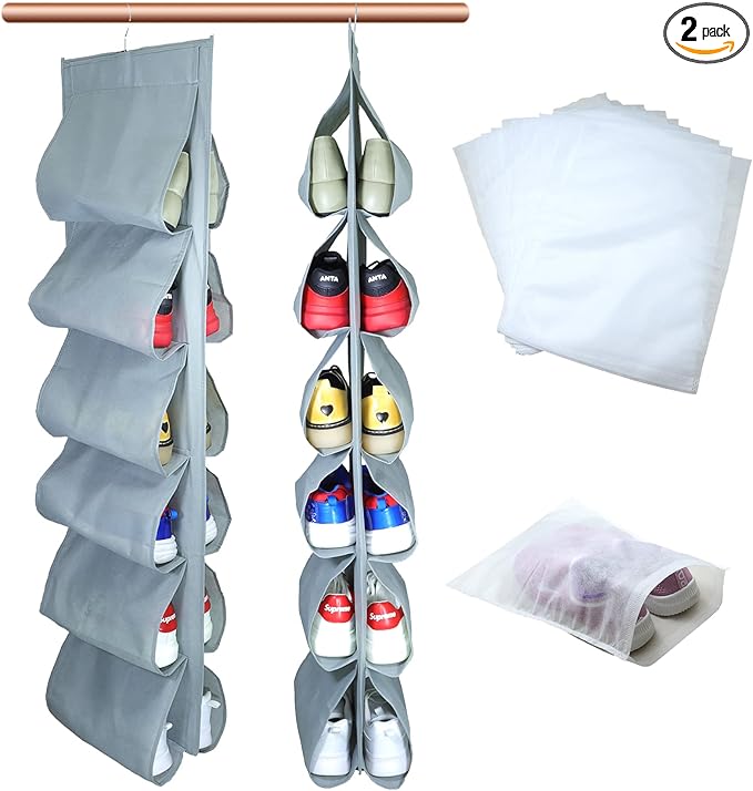 2 Pack 12 Large Pockets Hanging Shoe Organizer for Closet with Roating Hanger for Storage Mens Shoes,Kids Clothes,Also can used as Travel shoe rack hanging,Grey