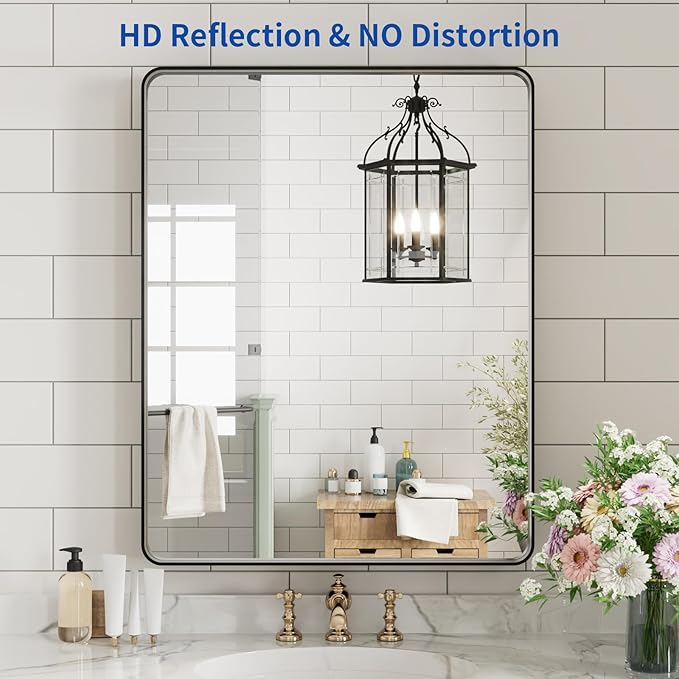 WEER Black Bathroom Mirror for Wall, 24X30 Inch Matte Black Mirror, Rectangular Black Metal Framed Vanity Mirror with Tempered Glass, Rounded Corner, Anti-Rust (Horizontal/Vertical)
