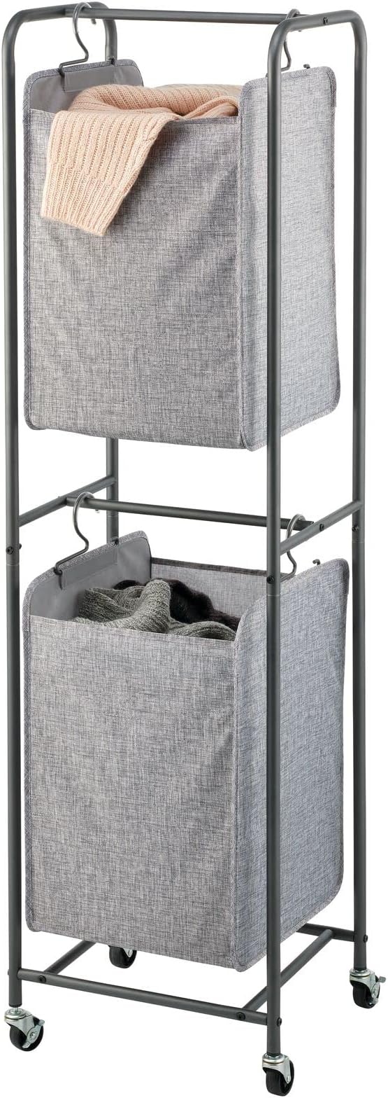 mDesign Vertical Stacked Laundry Hamper Basket with Wheels, Portable, 2 Removable Bags for Organizing Clothes, Laundry, Lights, Darks - Strong Metal Frame - Dark Gray