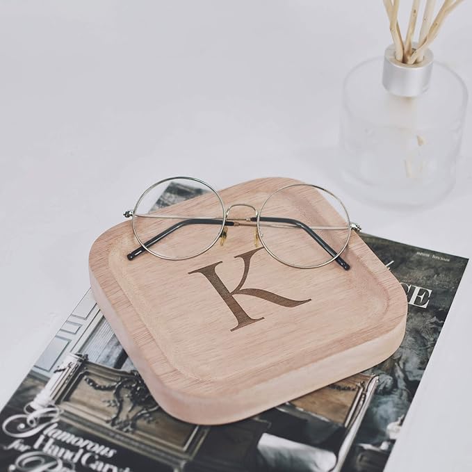 I'm Wooden Personalized Letter Catchall Valet Tray Trinket Dish Jewelry Tray Key Bowl Decorative Plate Organizing Ring Earrings Necklaces Bracelet Watch Coins Wallet Holder (6"x6" Sq Natural K)