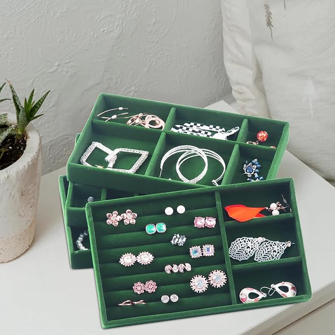 Jewelry Trays for Drawers, Set of 8 Stackable Velvet Jewelry Tray Inserts for Rings, Earrings, Necklaces, Bracelets – Fits Most Dresser/Closet Drawers, Non‑Slip Lined, Green
