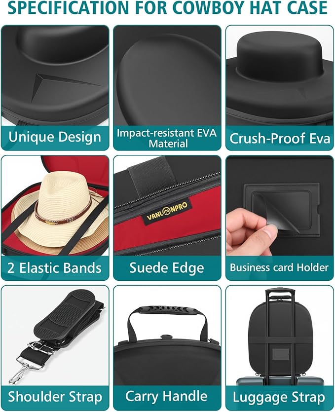 Cowboy Hat Travel Carrier - Crush Resistant EVA Storage Box for Fedora, Panama & Western Hats with Handle & Strap - Red