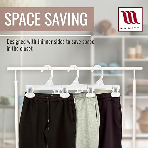 Mainetti 6108PWS50 White All Plastic Hangers - 50 Pack with Sturdy Plastic Non-Slip Clips, Great for Pants/Skirts/Slacks/Bottoms, 8 Inch