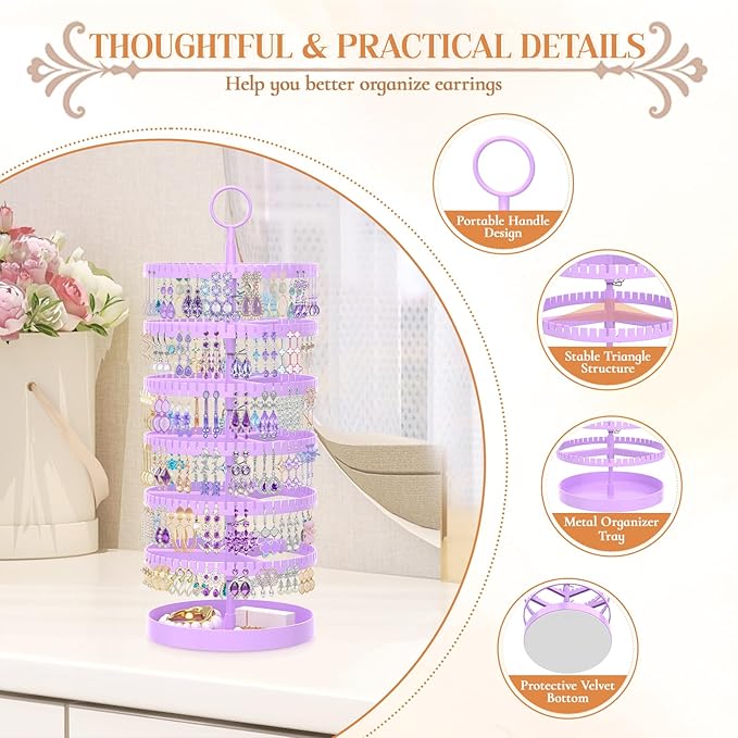 iDavosic.ly 6 Tier Rotating Earring Holder Organizer with Metal Tray, Adjustable Plastic Dangle Display Stands Tree with 342 Grooves, Large Hoop Storage Rack Tower, Purple