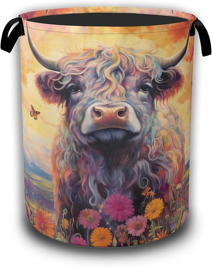 Highland Cow Laundry Basket,oil Painting Laundry Hamper Waterproof Oxford Cloth Tote Collapsible,Clothes Storage Bucket Decorative Toy Organizer For Bathroom Bedroom 16" x 20.8"