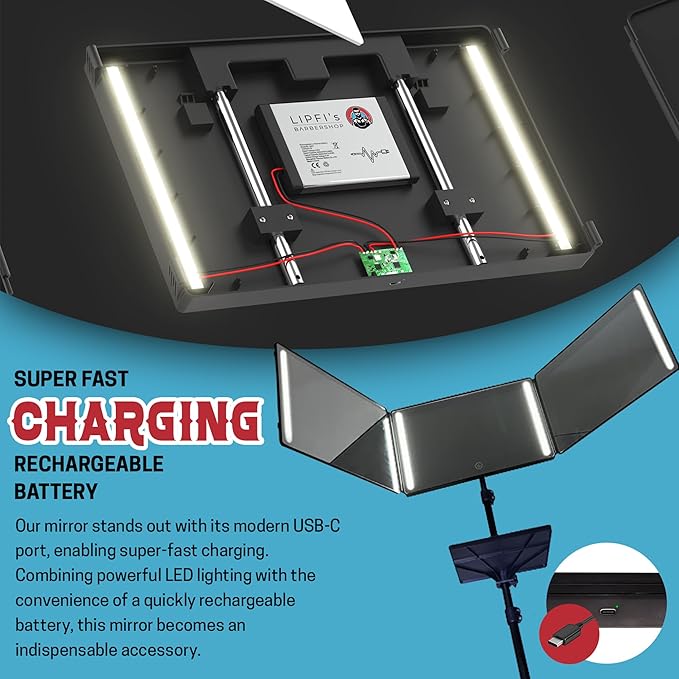 LIPFISBARBERSHOP.COM 360° Mirror with Tripod, 3-Way Mirro for Self Hair Cutting, Includes Crystal-Clear Glass, 4 LEDs, USB-C Fast Charging, Rechargeable Battery (360 Mirror + Tripod + Adapter)