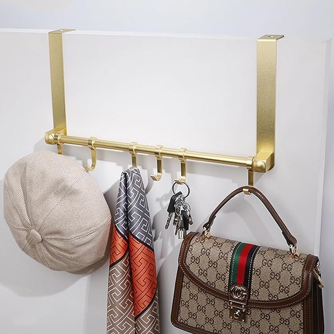 BOF Over The Door Hooks, Adjustable 6 Door Hooks for Hanging, Premium Aluminum Over Door Hanger, Thin Overhead, No Impact Door Closing, for Bathroom, Bedroom Doors, Hanging Coats, Towels and More