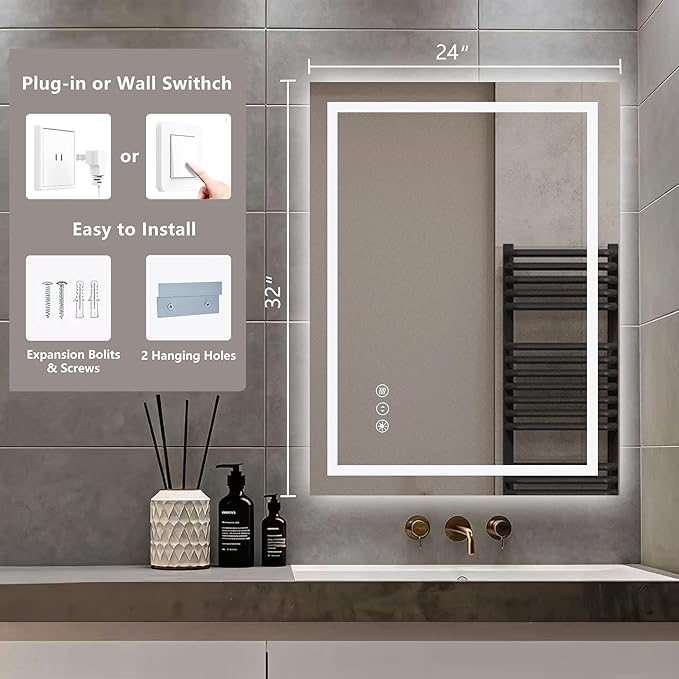 24" x 32" LED Lighted Bathroom Mirror - Backlit + Front Lit Dimmable Vanity Mirror with 3 Color Temperature, Anti-Fog, Memory Function, Shatter-Proof Tempered Glass Wall Mounted LED Mirror