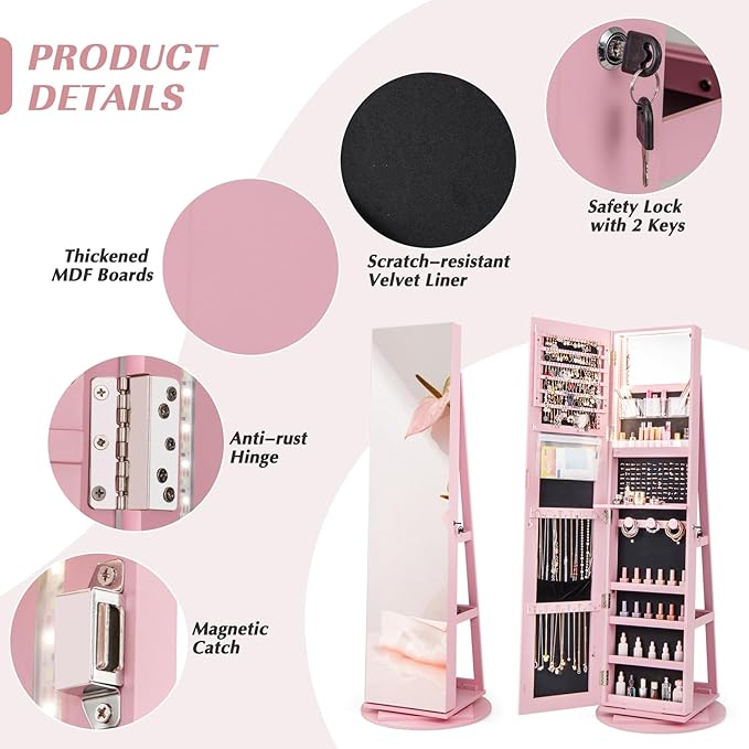 GOFLAME 360° Rotating Jewelry Cabinet with Full-Length Mirror, Freestanding Jewelry Armoire with 3-Color LED Light and Back Storage Shelf, Lockable Jewelry Organizer for Bedroom Cloakroom, Pink