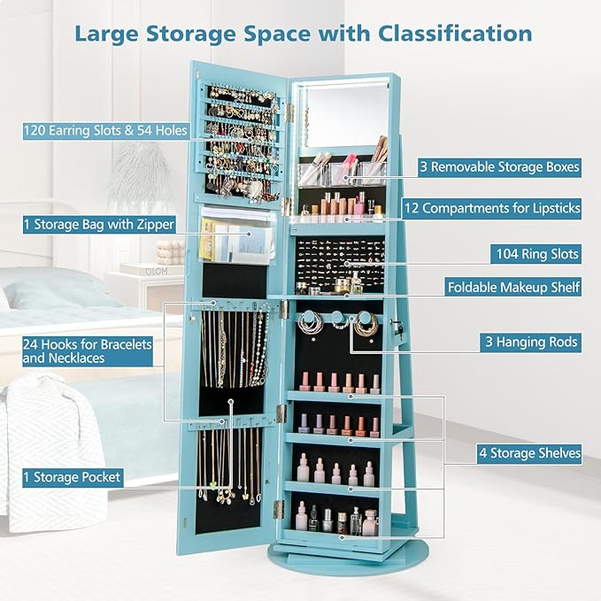 CHARMAID 360° Swivel Jewelry Armoire with Full Length Mirror, Rear Storage Shelves, Lockable Standing Jewelry Cabinet Organizer with Interior Vanity Mirror and 3-Color Lights (Sky Blue)
