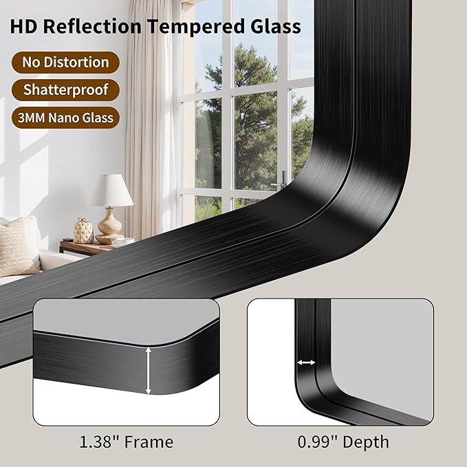 FORBATH 40x24 Inch Bathroom Mirror for Wall, Black Metal Framed Vanity Mirrors for Over Sink, Rounded-Corner Rectangle Mirror for Bedroom Living Room Entryway Hallway, Hangs Horizontal or Vertical