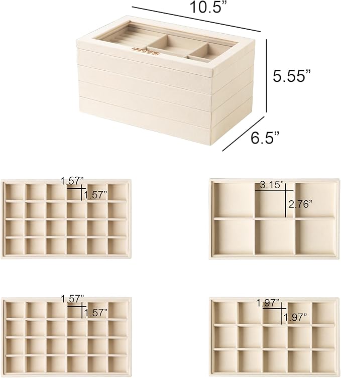 Frebeauty Stackable Jewelry Trays with Lid,Velvet Earring Organizer Tray,5-in-1 Jewelry Organizer for Drawer Vanity Dresser,Jewelry Storage for Studs Bracelets,10.5 x 6.5 x 5.55 Inches,Gift for Women