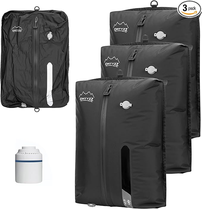 ONTYZZ Vacuum Bags for Travel, Reusable Vacuum Compression Bag, Recycled IPX8 Waterproof Space Saver Bag for Luggage/Camping/Home Storage (3 Pack with Air Pump-Black)