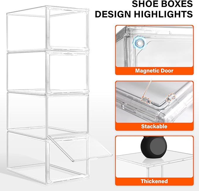 1 Pack Drop Front Clear Shoe Boxes Fit Size 13, Acrylic Shoe Organizer Stackable with Front Magnetic Door for Closet, Entryway, Underbed, Multiple Clear Display Cases for Hats, Figures, Sneakers