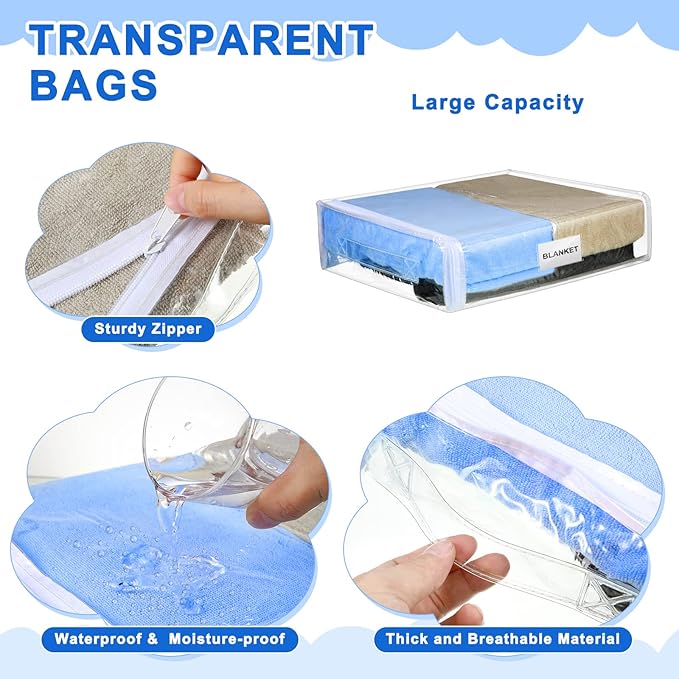 Kenning Set of 20 Clear Zippered Storage Bags for Sheet Organizer Plastic Sweater Bags with Handle Pocket Vinyl Bag for Bed Blanket Throw Pillow Toys(White,12 x 10 x 4 Inch)