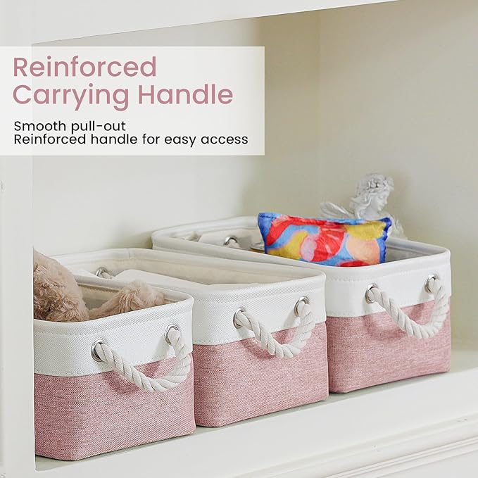 Storage Baskets for Shelves 11.8x7.9x5.2 Inch, Foldable Fabric Storage Bins with Handles, Small Storage Baskets for Organizing Closet, Office, Home Organization (3-Pack, White&Pink)