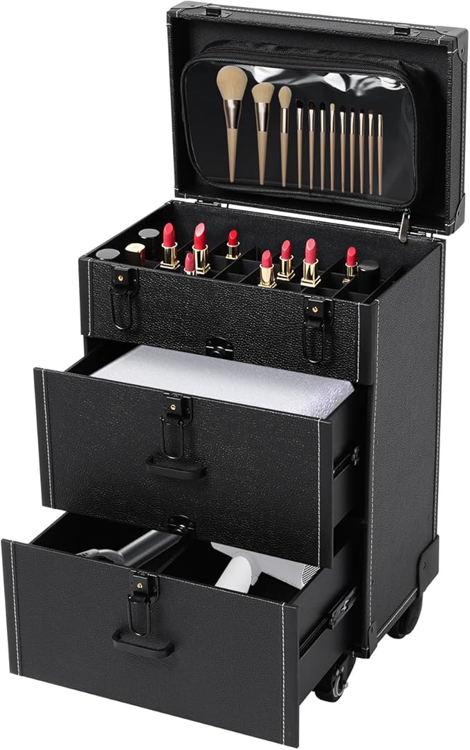 Rolling Makeup Case, Professional Cosmetic Train Case Trolley Roll Travel Box Large Capacity Salon Travel Case for Makeup Artist, Hairstylists, Nail Tech Makeup (Style 2)