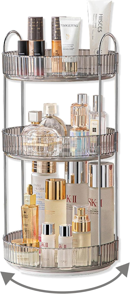 360 Rotating Makeup Organizer,3 Tier Large Capacity Make Up Organizers and Storage,Makeup Organizer for Bathroom,Cosmetic Perfume Stand Organizer(Grey-3 Tier)