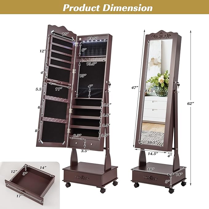 CHARMAID Rolling Jewelry Armoire with Full Length Mirror, Lockable Stand up Jewelry Cabinet with Lights and Wheels, Standing Jewelry Organizer with Drawers, Mirror with Jewelry Storage (Espresso)