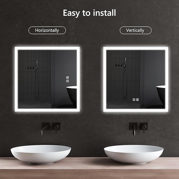 APRILSOUL 30x30 Inch LED Mirror for Bathroom, Led Vanity Mirror with Front and Backlit, 3 Color Lights, Memory Function, Anti-Fog and Dimmable Light (Horizontal/Vertical)