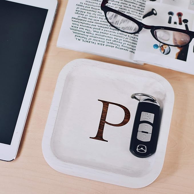 I'm Wooden Personalized Letter Catchall Valet Tray Trinket Dish Jewelry Tray Key Bowl Decorative Plate Organizing Ring Earrings Necklaces Bracelet Watch Coins Wallet Holder (6"x6" Sq White P)