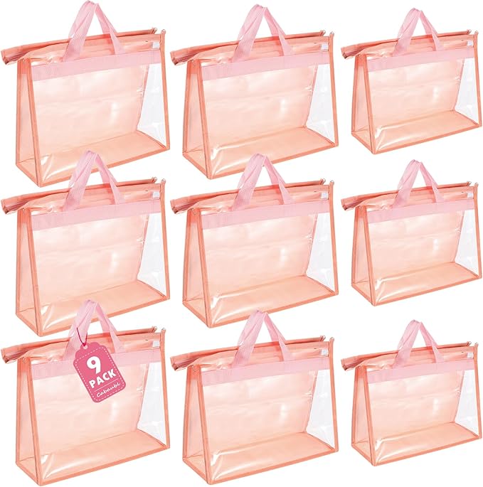 9 Pack Dust Bags for Handbags,Clear Handbag Storage Organizers,3 Sizes Purse Storage Organizer for Closet,Purse Cover Hanging Closet Organizer with Zipper,Handles and Hooks(Pink)