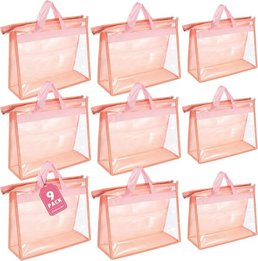 9 Pack Dust Bags for Handbags,Clear Handbag Storage Organizers,3 Sizes Purse Storage Organizer for Closet,Purse Cover Hanging Closet Organizer with Zipper,Handles and Hooks(Pink)