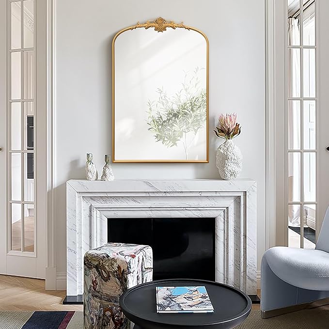 Besdomus Antique Arched Wall Mirror: 24"x36" Large Arch Gleaming Gold Vintage Wall Mounted Mirror - Traditional Ornate Home Decor for Entryway/Fireplace/Bathroom - Idea for Homemakers