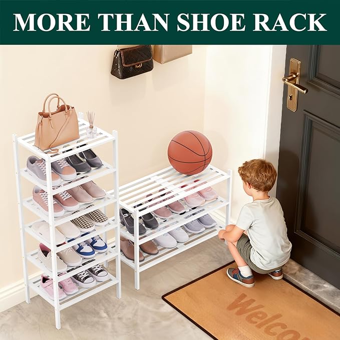 Smiry Bamboo Shoe Rack 3-Tier, Stackable Wooden Shoe Organizer for Entryway & Closet, Free Standing Wood Shoe Storage Shelf for Front Door & Small Spaces, White