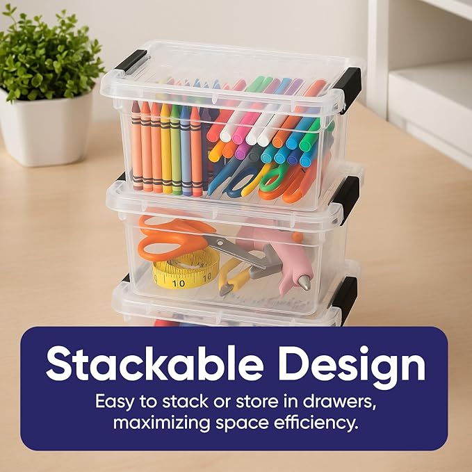 Superio Mini Storage Container Plastic Crayon Box Art Supplies and Sewing Case Stackable Clear Small Organizer for Beads, Stationery, Chalk, and Food, 1.05 Quart, 8 Pack