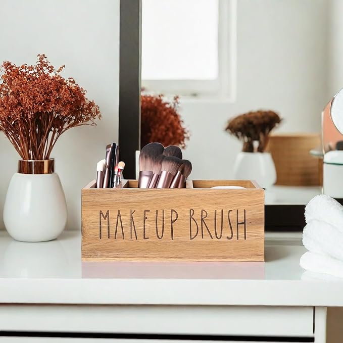 Acacia Wood Makeup Brush Organizer for Vanity,Cosmetic Skincare Organizers, Makeup Organizer with 3 Slots,Organizer Countertop for Cosmetics,Skincare, Brushes, Mascara,Lipstick,Pencils, Brown