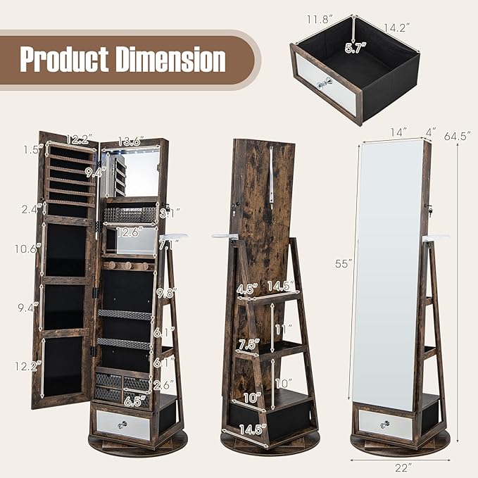 CHARMAID 360° Swivel Jewelry Cabinet Armoire 64.5" H, Full Length Mirror with Jewelry Storage, 6 LEDs Lockable Jewelry Organizer, Rear Storage Shelves, Large Drawer, Hairdryer Holder (Rustic Brown)